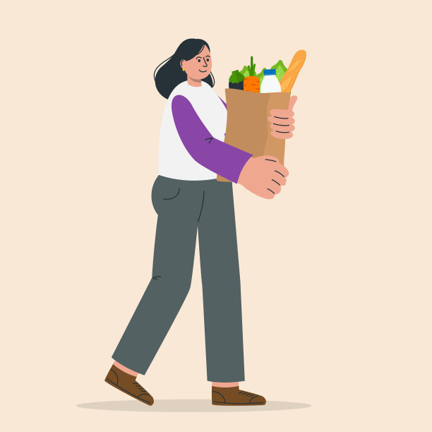 女人拿着一个纸袋，里面装着杂货。健康有机食品理念和生活方式，纸袋回收，环保。素材图片