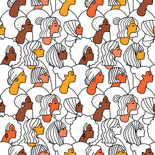 手绘女性面部轮廓无缝图案。新潮女性面部纹理搭配抽象线条造型，简约的少女面部搭配不同肤色的肌肤。矢量程式化的设计背景图片下载