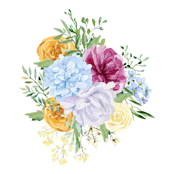 水彩花卉花束插图紫色粉红色蓝色黄色白色的花，野花，绿色的叶子，叶子，为婚礼文具，贺卡，婴儿淋浴，旗帜，标志设计的树枝图片下载
