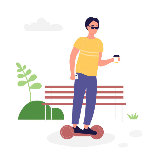 男孩在自平衡悬浮滑板上喝咖啡图片下载