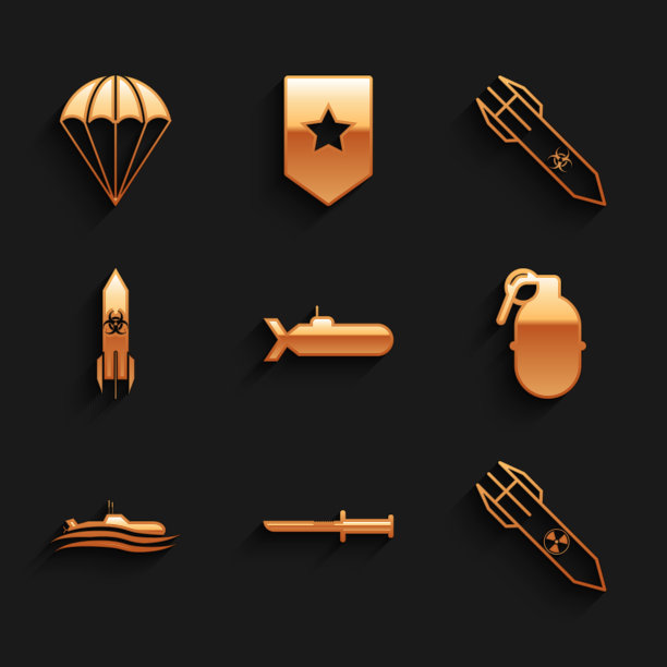 设置潜艇，军刀，核火箭，手榴弹，生物危害，降落伞图标。向量图片下载