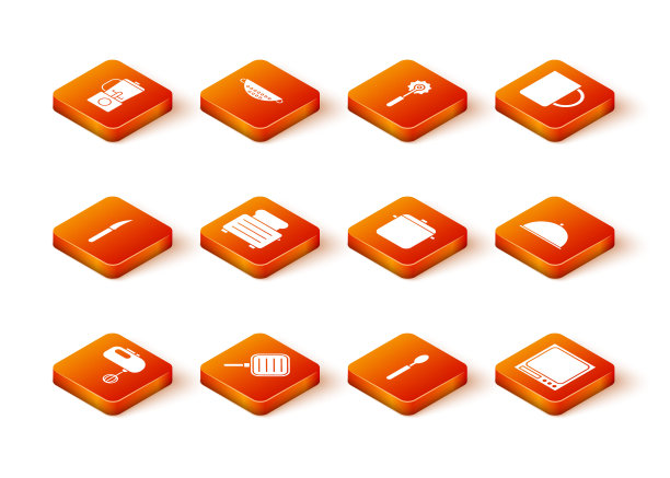 设置电动搅拌机，煎锅，刀，烤面包机，勺子，烹饪锅，电子秤和覆盖托盘图标。向量图片下载