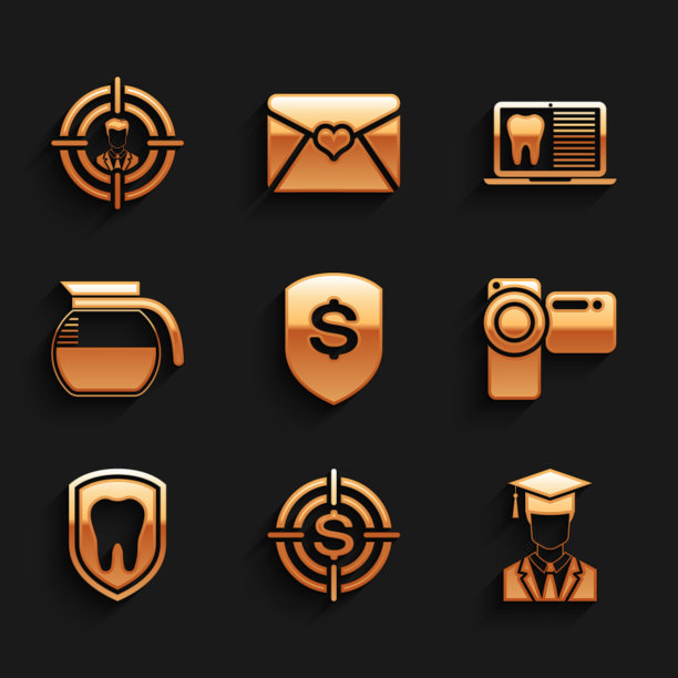 设置盾和美元，目标与，毕业生毕业帽，电影相机，牙齿保护和咖啡壶图标。向量图片下载