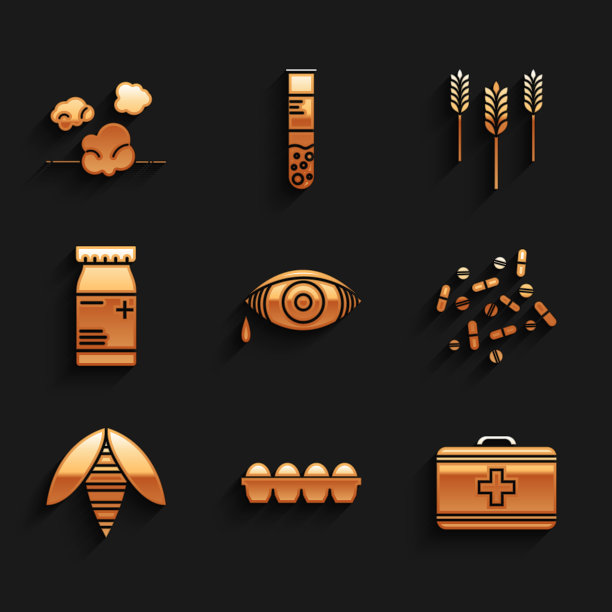 设置红眼睛过敏性结膜炎，鸡蛋盒，急救箱，药片或药片，蜜蜂，瓶子和药丸，小麦和灰尘图标。向量图片下载