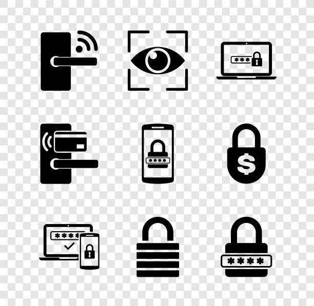 设有无线数字门锁，眼睛扫描，笔记本电脑密码，两步认证，锁和密码保护图标。向量图片下载
