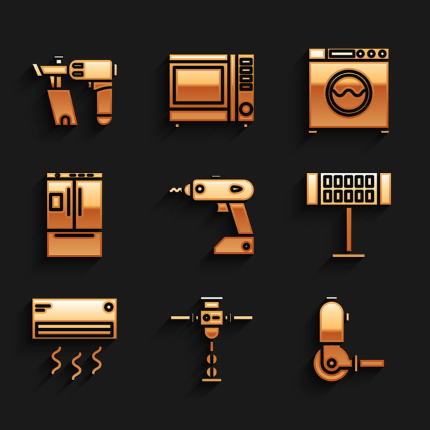 设置无绳电动螺丝刀、施工手提钻、角磨机、加热器、空调和冰箱图标。向量图片下载