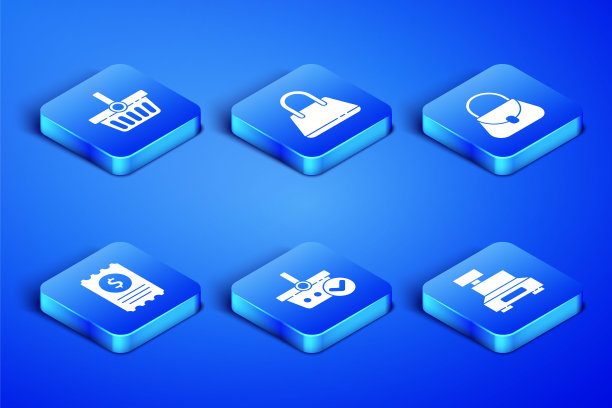 设置收银机，购物篮，支票标记，纸张和金融，手袋和图标。向量图片下载