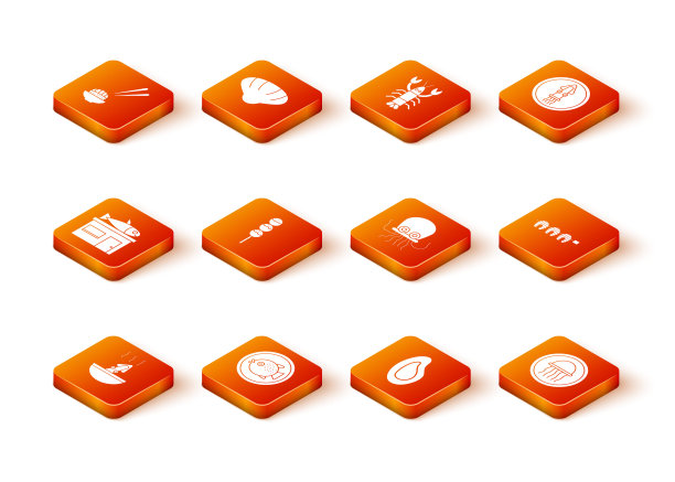 集章鱼汤，河豚鱼在一个盘子，海鲜店，章鱼烧棒，贻贝，章鱼，水母和烤牛排图标。向量图片下载