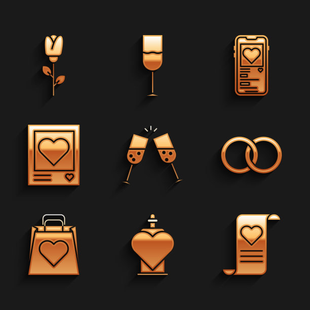 设置玻璃香槟，瓶子与爱情药水，信封情人节心，结婚戒指，购物袋，相框和心，移动和花玫瑰图标。向量图片下载