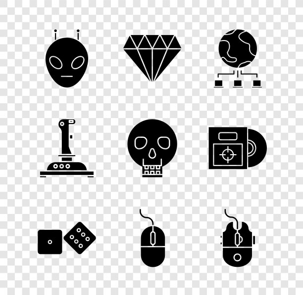 设置异形，钻石，电脑网络，游戏骰子，鼠标，游戏，摇杆街机和头骨图标。向量图片下载
