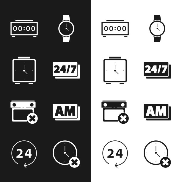 设置时钟24小时，闹钟，数字闹钟，腕表，日历日期删除，AM，图标。向量图片下载