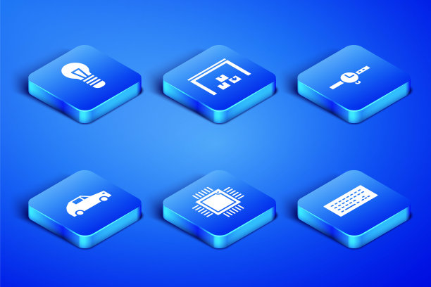 设置键盘，灯泡，处理器与微电路CPU，汽车，仓库和腕表图标。向量图片下载