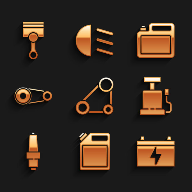 设置定时皮带套件，汽油罐，汽车电池，气泵，火花塞，机油和发动机活塞图标。向量图片下载