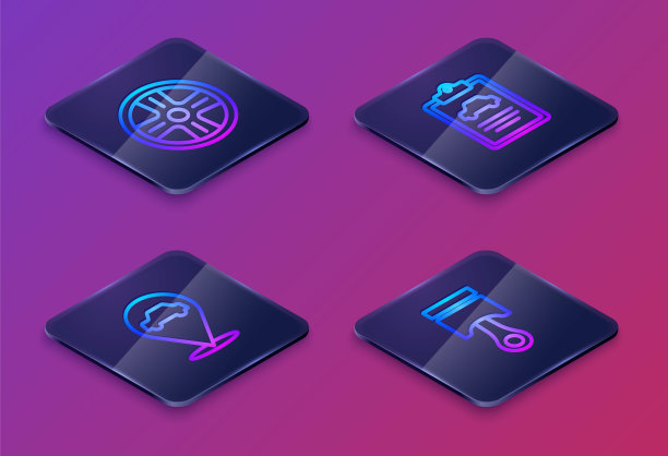 设置合金车轮等距线，定位与汽车服务，汽车检测和发动机活塞。蓝色方块按钮。向量图片下载