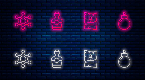 龙舌兰酒瓶，西部通缉海报，六芒星治安官和炸弹准备爆炸。砖墙上闪烁的霓虹灯图标。向量图片下载