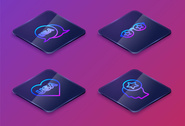 设置等距线美国独立日，，带星星和头的眼镜。蓝色方块按钮。向量图片下载