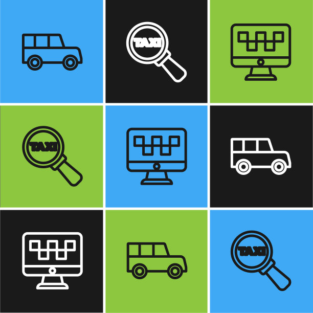 设有汽车线路、电脑呼叫出租车服务、放大镜和汽车图标。向量图片下载