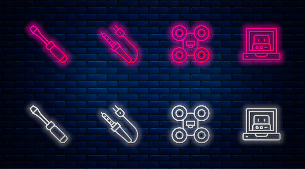 设置线上烙铁，无人机，螺丝刀和制作机器人。砖墙上闪烁的霓虹灯图标。向量图片下载
