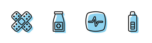 设置线心率，交叉绷带石膏，药瓶药丸和数字温度计图标。向量图片下载