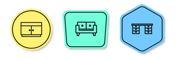 抽屉柜、沙发、办公桌。颜色的形状。向量图片下载