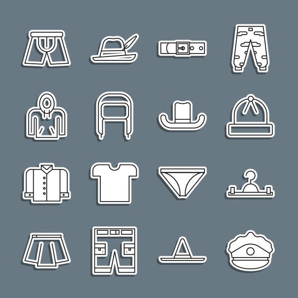 设置线警帽帽徽，衣架衣柜，冬季帽子，皮带，耳褶，帽衫，男人内裤和男人的图标。向量图片下载