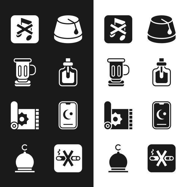 套装香水，中世纪高脚杯，扬声器静音，土耳其帽子，传统地毯，星星和新月，禁止吸烟和穆斯林清真寺的标志。向量图片下载