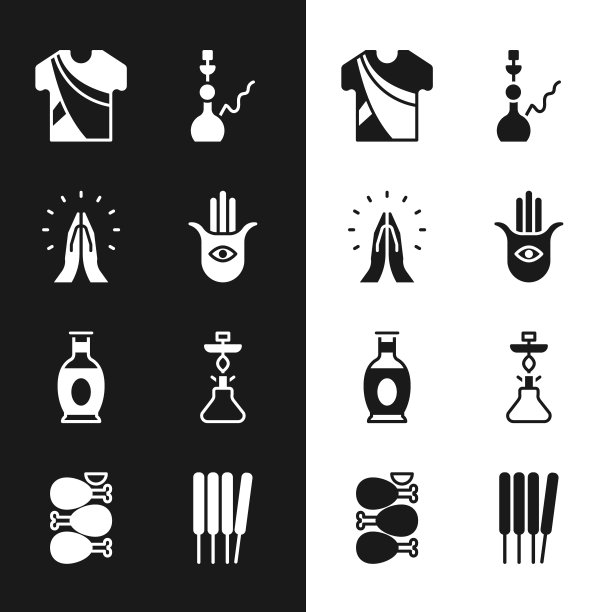 把哈姆萨的手，手在祈祷的位置，印度男人的衣服，水烟，花瓶，香薰，香和唐杜里鸡图标。向量图片下载