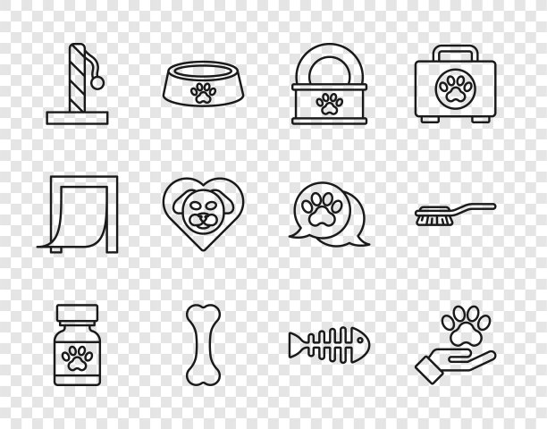设置线药瓶和药丸，手与动物足迹，罐头食品，狗骨头，猫抓post，心狗，鱼骨架和毛刷猫图标。向量图片下载