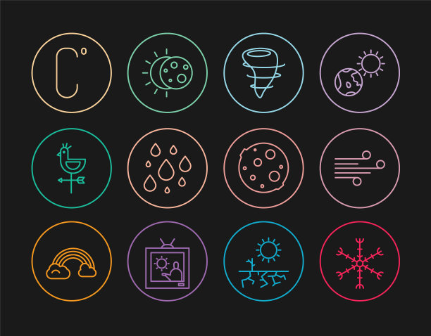 设置线雪花，风，龙卷风，水滴，公鸡风向标，摄氏度，月亮和日食的太阳图标。向量图片下载