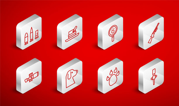 设置线火炬火焰，猎人帽子与羽毛，爪搜索，猎枪，打印，子弹和墨盒，狗和狙击手光学视线图标。向量图片下载