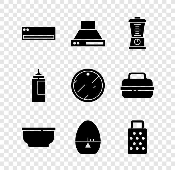 设置空调，厨房抽油风扇，搅拌机，碗，定时器，磨砂器，酱瓶和切菜板图标。向量图片下载