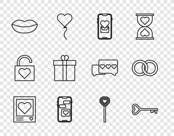 设置线相框和心，钥匙形状，移动，微笑的嘴唇，礼品盒，棒棒糖和结婚戒指图标。向量图片下载
