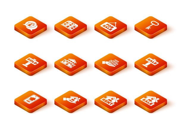 设置在线房地产房子，房地产经纪人，与文本出售，房子，租金，摩天大楼，出售和图标挂标志。向量图片下载