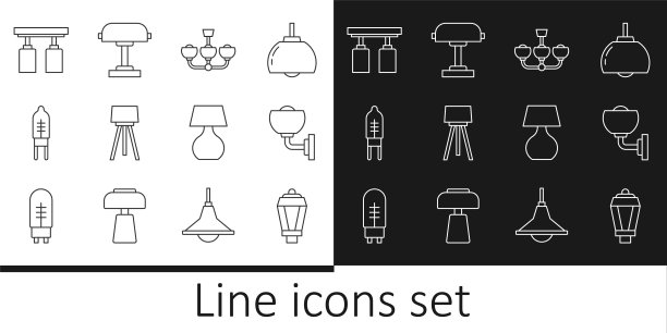 设置线花园灯，墙或烛台，吊灯，地板，发光二极管，Led轨道灯灯，表和图标。向量图片下载