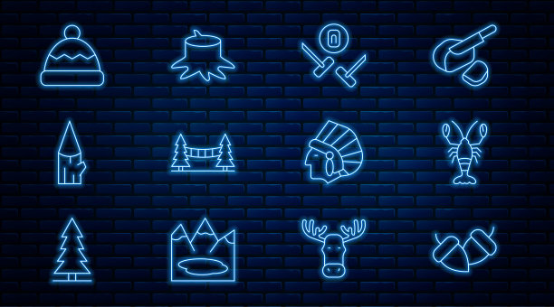 设置线橡子，龙虾，冰壶运动游戏，卡皮拉诺悬索桥，木制原木，豆帽，印第安人印第安人和树桩图标。向量图片下载