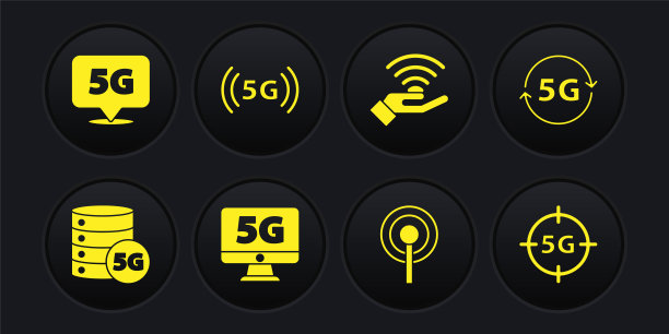 设置“服务器5G网络”、“带监控”、“天线”和“位置”图标。向量图片下载