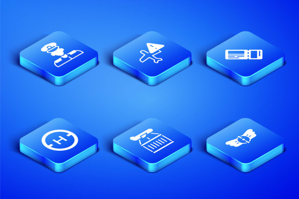 设置航空标志，飞行员，飞机，直升机停机坪，警告飞机和机票图标。向量图片下载