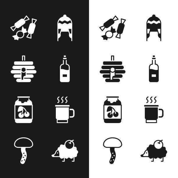 设置一瓶葡萄酒，蜂箱为蜜蜂，糖果，冬季帽子，果酱罐，杯茶，刺猬和蘑菇图标。向量图片下载