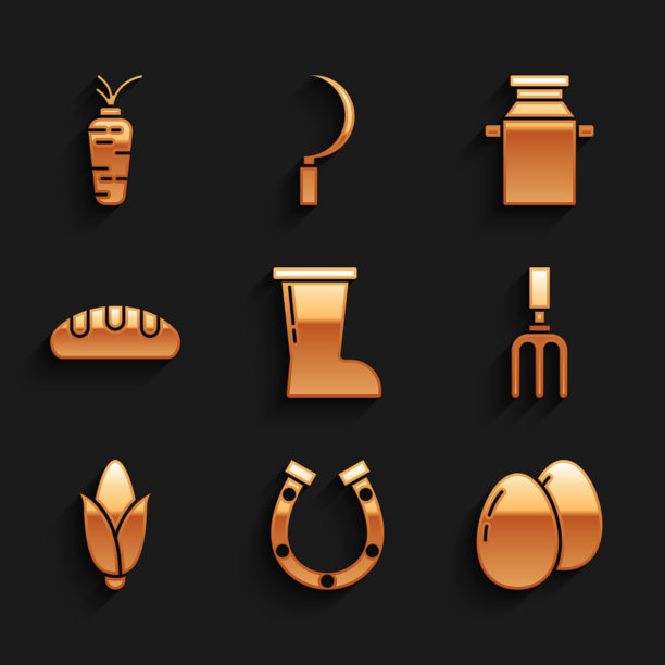 设置防水橡胶靴，马蹄铁，鸡蛋，花园耙子，玉米，面包面包，牛奶和胡萝卜的罐头容器图标。向量图片下载