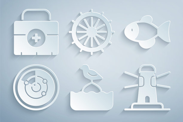 设置海鸥坐在浮标上，鱼，雷达目标，灯塔，船的方向盘和急救箱图标。向量图片下载