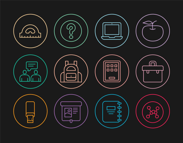 设置线化学公式，公文包，笔记本电脑，学校背包，两个坐着的男人说话，量角器网格，图形平板电脑和演讲气泡与问题图标。向量图片下载