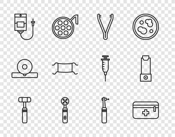 设置线神经反射锤，急救箱，医疗镊子，电动牙刷，静脉输液袋，保护口罩，牙钻和吸入器图标。向量图片下载