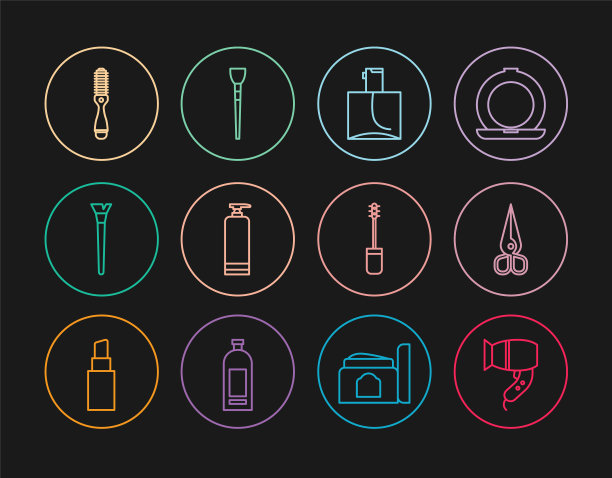 设置线吹风机，剪刀，香水，霜化妆品管，化妆刷，发刷，睫毛膏和图标。向量图片下载