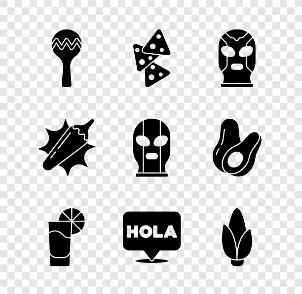 设置沙acas，玉米片，墨西哥摔跤手，柠檬龙舌兰杯，Hola，玉米，辣椒辣椒荚和图标。向量图片下载