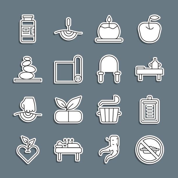 设置线食品无饮食，剪贴板与检查表，按摩台油，香薰蜡烛，健身垫卷，堆栈热石头，胶原蛋白血清和跳绳图标。向量图片下载