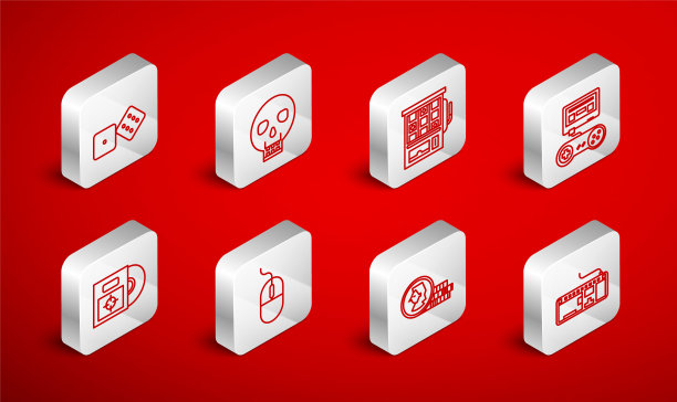 电脑键盘，骷髅头，老虎机，游戏手柄，硬币游戏，骰子，鼠标和CD光盘盒图标。向量图片下载