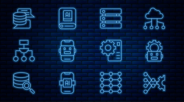 设置线神经网络、机器人设置、服务器、数据、聊天、算法、人工智能图标。向量图片下载