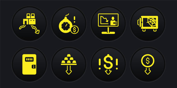 监狱门，保险箱，金条，美元汇率下降，全球经济危机新闻，货币炸弹美元，工厂关闭图标。向量图片下载