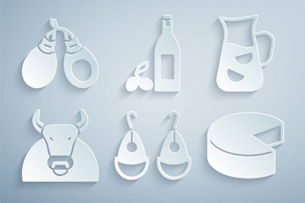 设置耳环，桑格利亚汽酒，公牛，奶酪，橄榄油和响板图标。向量图片下载