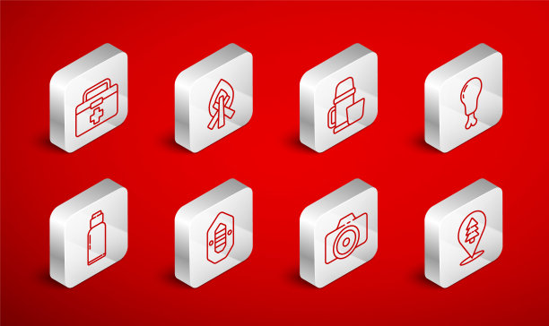 设置位置的森林，篝火，热水瓶和杯子，鸡腿，摄影相机，急救箱，漂流船和水壶水壶的图标。向量图片下载